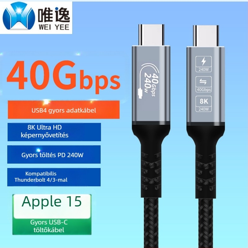 USB4 Type-C adatkábel, 240W gyors töltés, szövött kivitel, teljes USB4 funkció