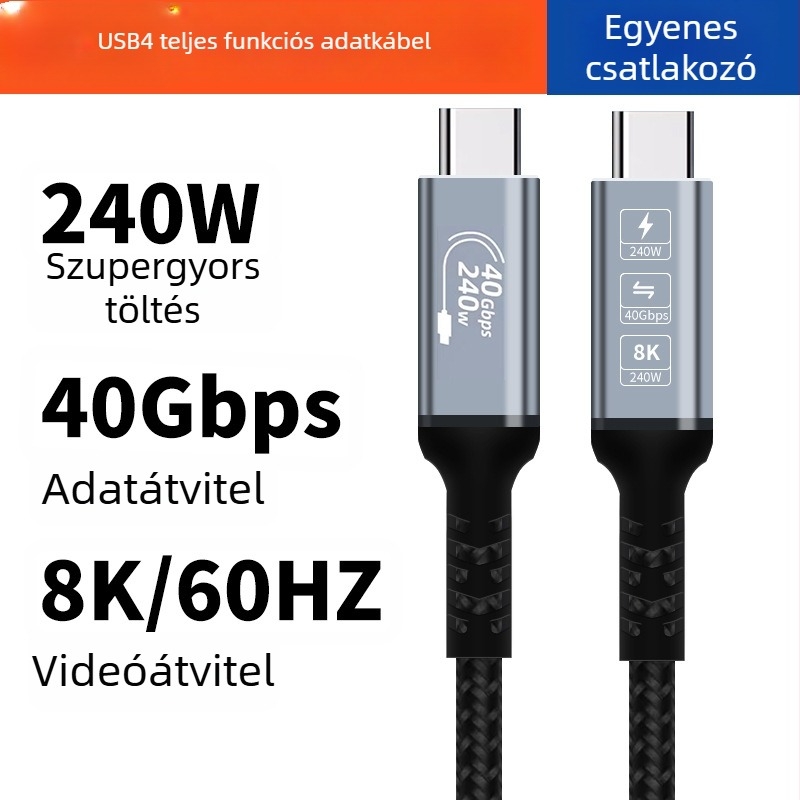 USB4 Type-C adatkábel, 240W gyors töltés, szövött kivitel, teljes USB4 funkció
