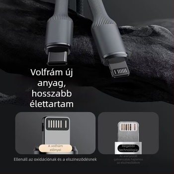Apple töltőkábel denim szövésű wolfrám ötvözetből, PD gyors töltés, 1–2 m, Lightning és Type-C interfész, szürke