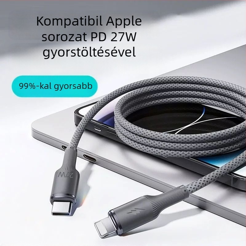 Apple töltőkábel denim szövésű wolfrám ötvözetből, PD gyors töltés, 1–2 m, Lightning és Type-C interfész, szürke