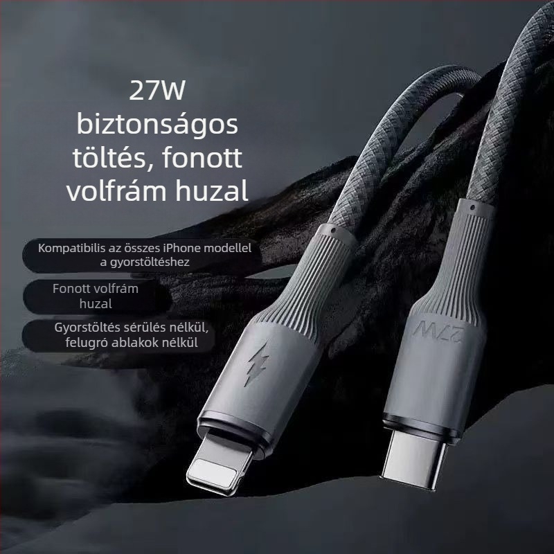 Apple töltőkábel denim szövésű wolfrám ötvözetből, PD gyors töltés, 1–2 m, Lightning és Type-C interfész, szürke