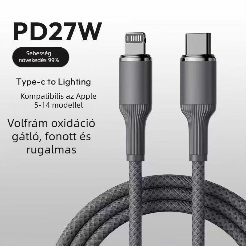 Apple töltőkábel denim szövésű wolfrám ötvözetből, PD gyors töltés, 1–2 m, Lightning és Type-C interfész, szürke