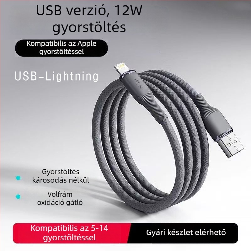 Apple töltőkábel denim szövésű wolfrám ötvözetből, PD gyors töltés, 1–2 m, Lightning és Type-C interfész, szürke