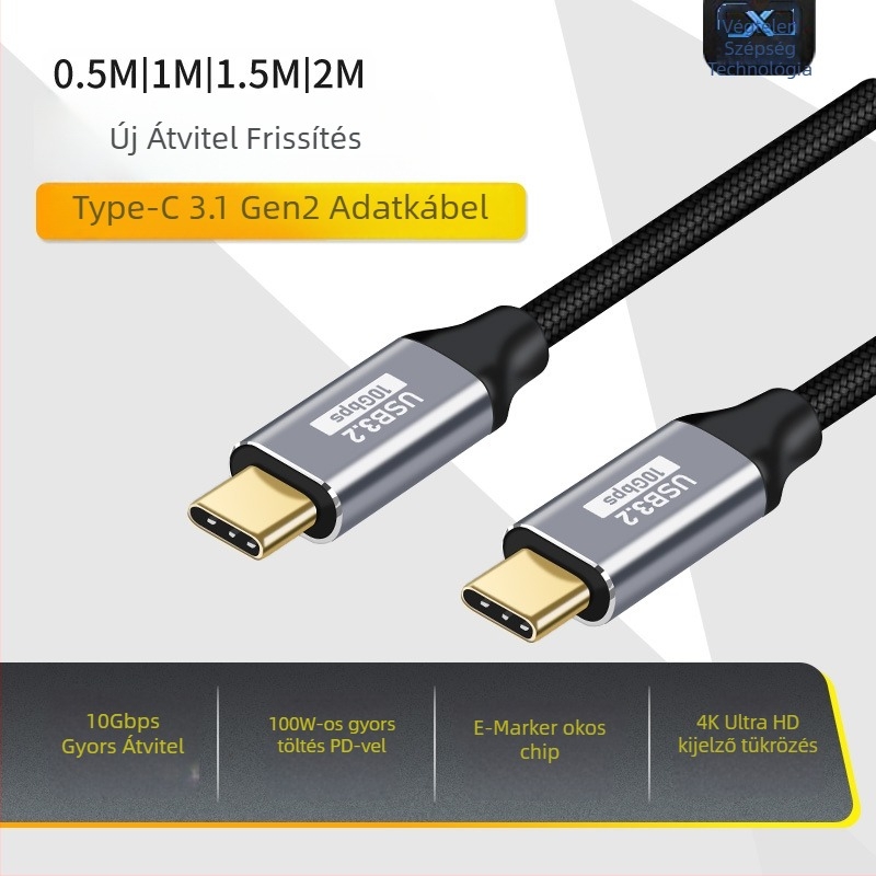 USB-C 3.1 Gen2 adatkábel, 10Gbps, 100W PD, PC-hez és TV-hez, HD audio/videó, 0,5–2 m