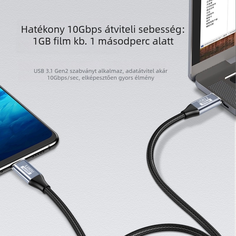 USB-C 3.1 Gen2 adatkábel, 10Gbps, 100W PD, PC-hez és TV-hez, HD audio/videó, 0,5–2 m