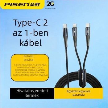 Pisen 2-in-1 adatkábel Lightning és Type-C kettős fejjel, PD gyorstöltés 60W-ig, iPhone 15-höz és Android eszközökhöz