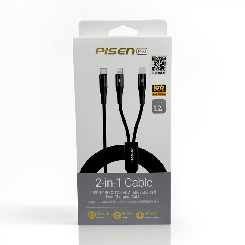 Pisen 2-in-1 adatkábel Lightning és Type-C kettős fejjel, PD gyorstöltés 60W-ig, iPhone 15-höz és Android eszközökhöz