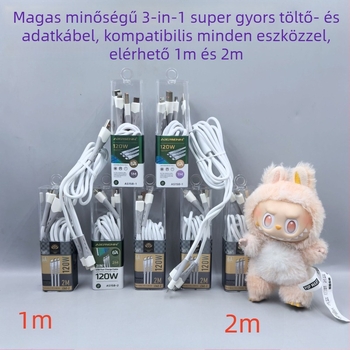 Három az egyben 120W gyors töltőkábel USB, Lightning, Micro USB és Type-C csatlakozókkal; TPE anyag, kompatibil Apple és Huawei eszközökkel.