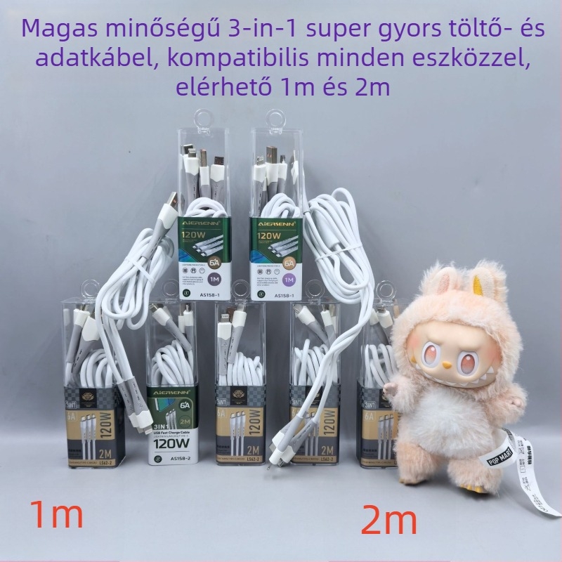 Három az egyben 120W gyors töltőkábel USB, Lightning, Micro USB és Type-C csatlakozókkal; TPE anyag, kompatibil Apple és Huawei eszközökkel.