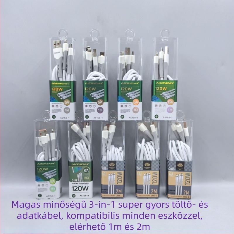Három az egyben 120W gyors töltőkábel USB, Lightning, Micro USB és Type-C csatlakozókkal; TPE anyag, kompatibil Apple és Huawei eszközökkel.