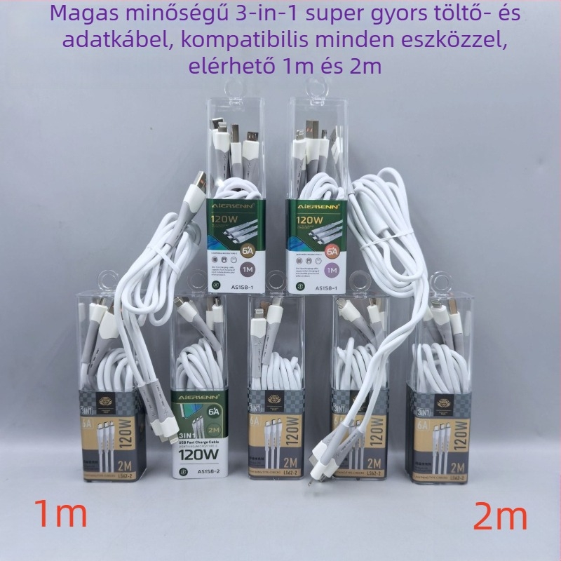 Három az egyben 120W gyors töltőkábel USB, Lightning, Micro USB és Type-C csatlakozókkal; TPE anyag, kompatibil Apple és Huawei eszközökkel.