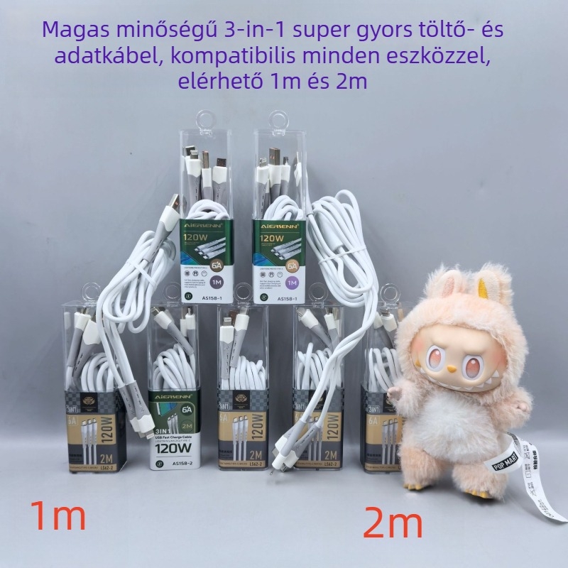 Három az egyben 120W gyors töltőkábel USB, Lightning, Micro USB és Type-C csatlakozókkal; TPE anyag, kompatibil Apple és Huawei eszközökkel.