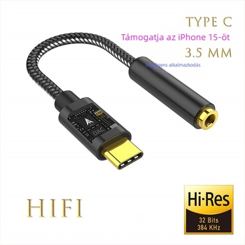 Type-C fejhallgató adapter, 3,5 mm audio kábel, aranyozott, 2-in-1, modell E384