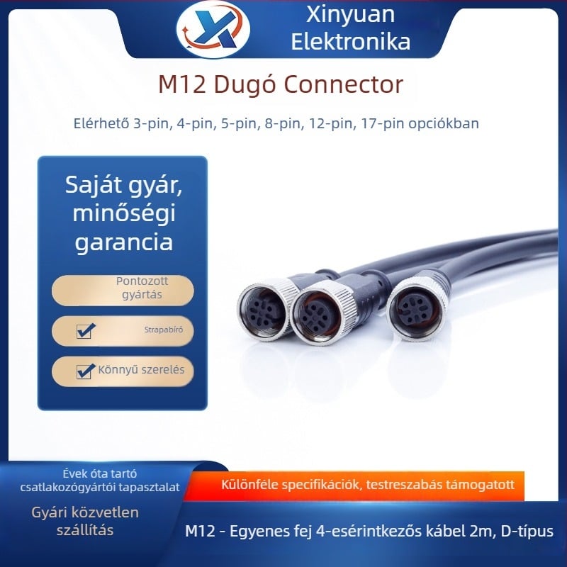 M12 repülőgép-csatlakozó, 4 vezetékes, aranyozott sárgaréz érintkezők, PVC szigetelés, D-típusú szenzor terminál blokk, vezetékkel