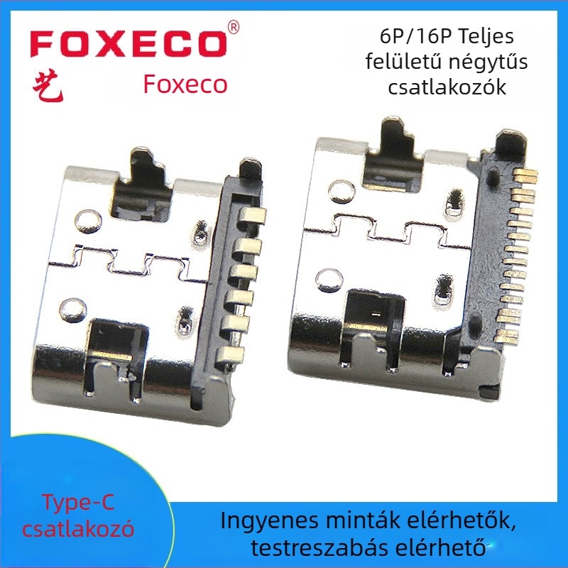 Type-C női csatlakozó, 16 pin, 1 mag, LCP szigetelőanyag, FOXECO