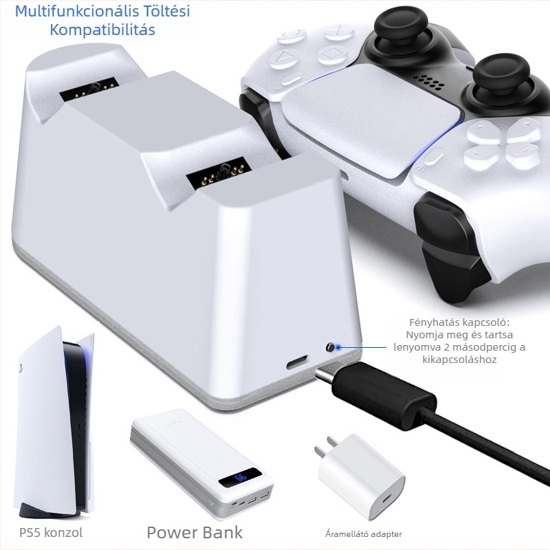 PS5 kontrollerek töltője – dupla töltőállomás RGB világítással, 3A bemenet, 2.5A kimenet, Type-C, Modell DSP-828