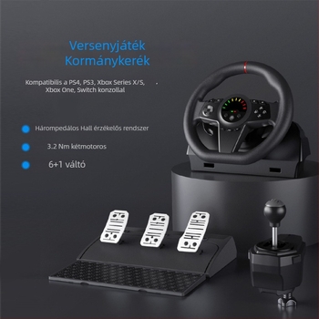 Versenygörgő szimulációs vezetőkerék három pedálos készlettel, váltóval és LED kijelzővel, USB kapcsolat; kompatibil PC, PS4, Xbox Series X/S, Switch
