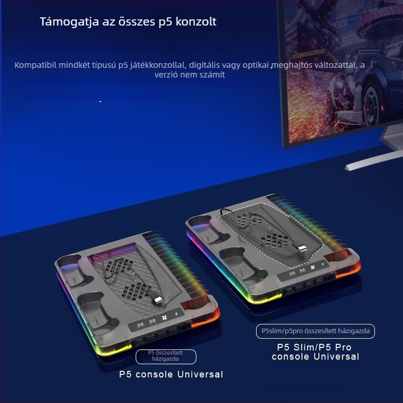 GAMINJA P58 PS5 hűtőalap RGB fényekkel, kontroller-töltő állvány, játéklemezek és fejhallgató tároló, USB interfész, universal PS5 Slim/Pro verzió