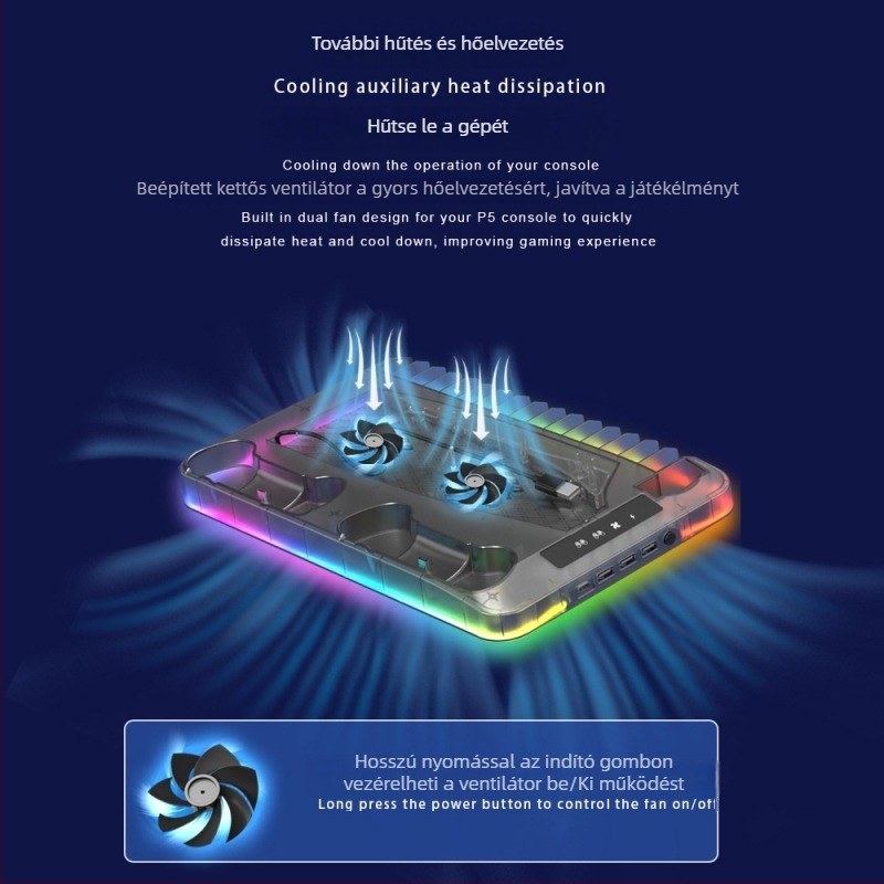 GAMINJA P58 PS5 hűtőalap RGB fényekkel, kontroller-töltő állvány, játéklemezek és fejhallgató tároló, USB interfész, universal PS5 Slim/Pro verzió
