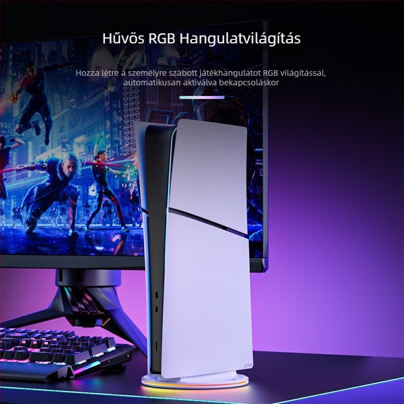 PS5 függőleges állvány RGB világítással és hűtőpanelemmel, ABS, USB-kábel a csomagban, kompatibilis PS5, PS5 Slim, PS5 Pro