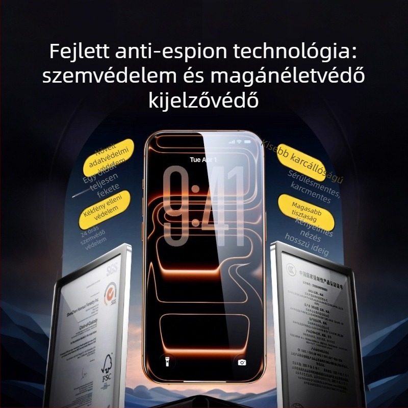 Adatvédelmi üveg kijelzővédő iPhone 14 Pro, 13 Pro, 15, 16 Pro és 17 Pro számára