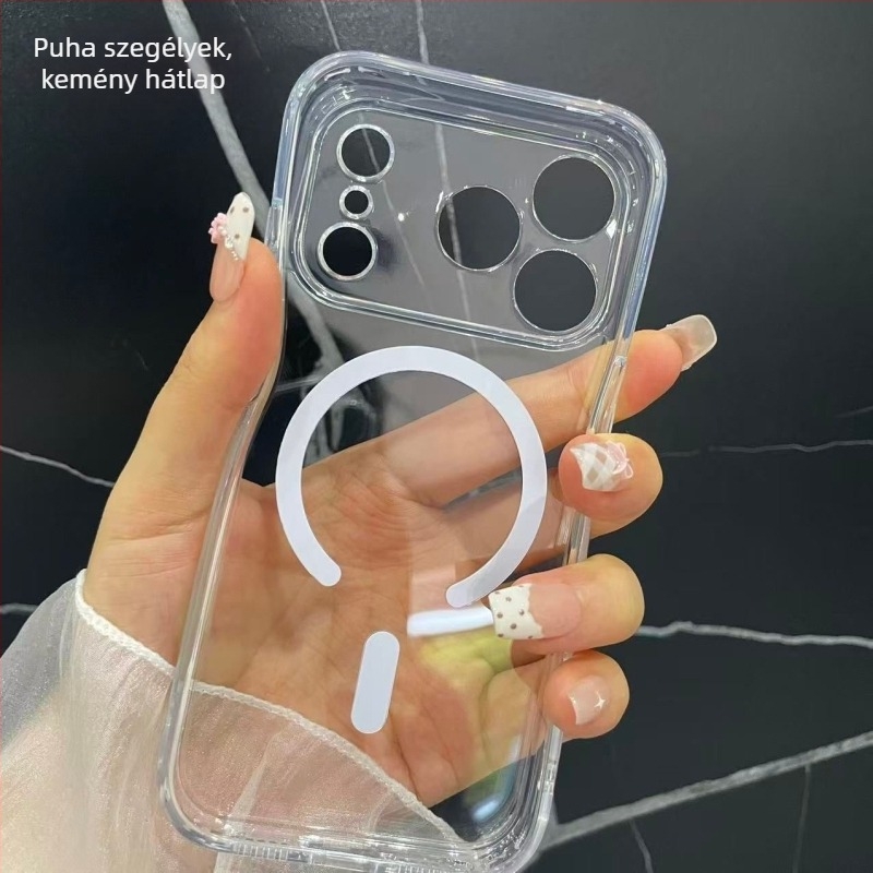 Átlátszó mágneses telefon tok iPhone 11–14 Pro/Max számára precíz kivágásokkal és teljes lencse védeléssel (Anyag: TPU+PC; Gyártási mód: Injection molding; Funkciók: Mágneses vonzás, leesés elleni védelem)