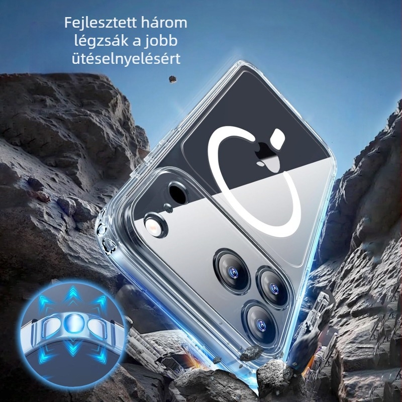 Átlátszó mágneses telefon tok iPhone 11–14 Pro/Max számára precíz kivágásokkal és teljes lencse védeléssel (Anyag: TPU+PC; Gyártási mód: Injection molding; Funkciók: Mágneses vonzás, leesés elleni védelem)