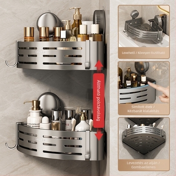 Falra szerelt háromszög alakú fürdőszobai polc vákuumos rögzítéssel, alumínium ötvözet, sütőben égetett bevonat, teherbírás 5–10 kg, 1 réteg, sarok formájú