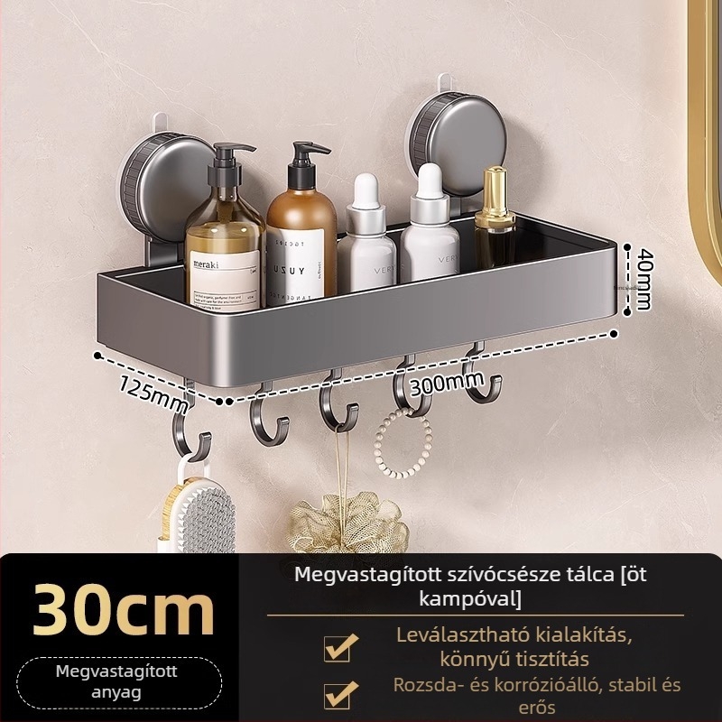 Falra szerelt háromszög alakú fürdőszobai polc vákuumos rögzítéssel, alumínium ötvözet, sütőben égetett bevonat, teherbírás 5–10 kg, 1 réteg, sarok formájú