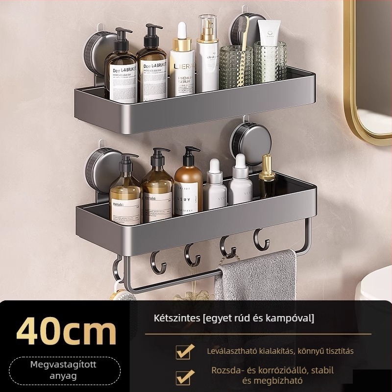 Falra szerelt háromszög alakú fürdőszobai polc vákuumos rögzítéssel, alumínium ötvözet, sütőben égetett bevonat, teherbírás 5–10 kg, 1 réteg, sarok formájú