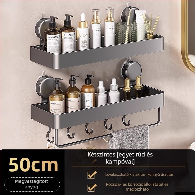 Falra szerelt háromszög alakú fürdőszobai polc vákuumos rögzítéssel, alumínium ötvözet, sütőben égetett bevonat, teherbírás 5–10 kg, 1 réteg, sarok formájú