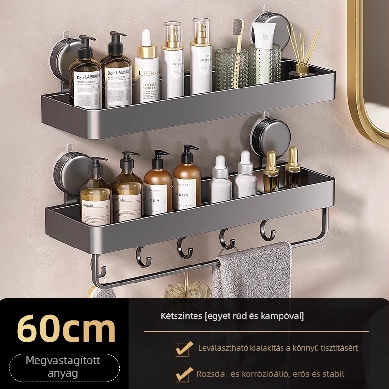 Falra szerelt háromszög alakú fürdőszobai polc vákuumos rögzítéssel, alumínium ötvözet, sütőben égetett bevonat, teherbírás 5–10 kg, 1 réteg, sarok formájú