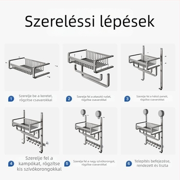 Fúrás nélküli alumínium fürdőszobai törölközőtartó polc, háromszintes, felülete spray-plasztikus, teherbírás 20 kg