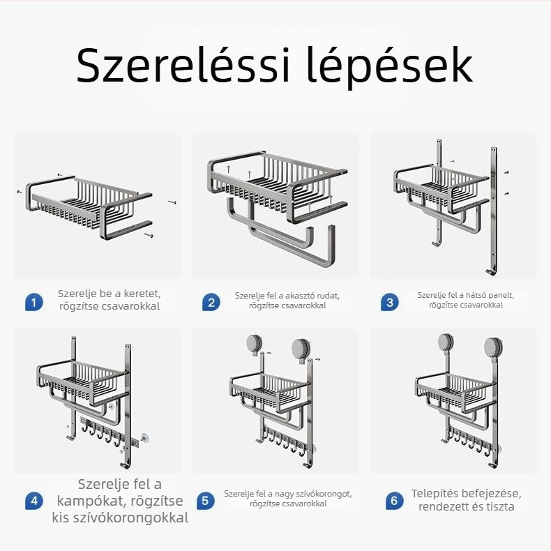 Fúrás nélküli alumínium fürdőszobai törölközőtartó polc, háromszintes, felülete spray-plasztikus, teherbírás 20 kg