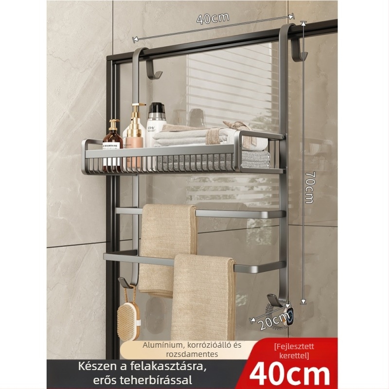 Fúrás nélküli alumínium fürdőszobai törölközőtartó polc, háromszintes, felülete spray-plasztikus, teherbírás 20 kg