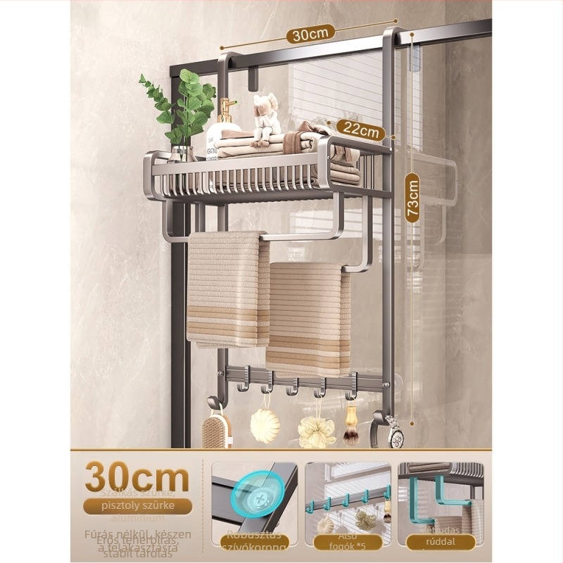 Fúrás nélküli alumínium fürdőszobai törölközőtartó polc, háromszintes, felülete spray-plasztikus, teherbírás 20 kg