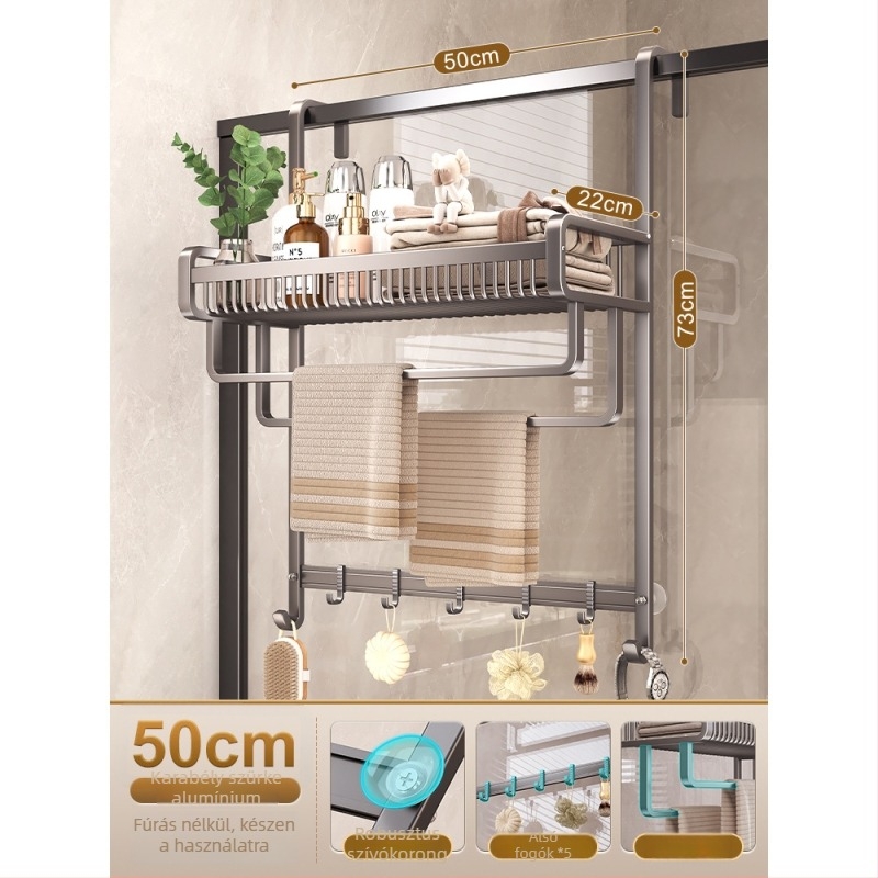 Fúrás nélküli alumínium fürdőszobai törölközőtartó polc, háromszintes, felülete spray-plasztikus, teherbírás 20 kg