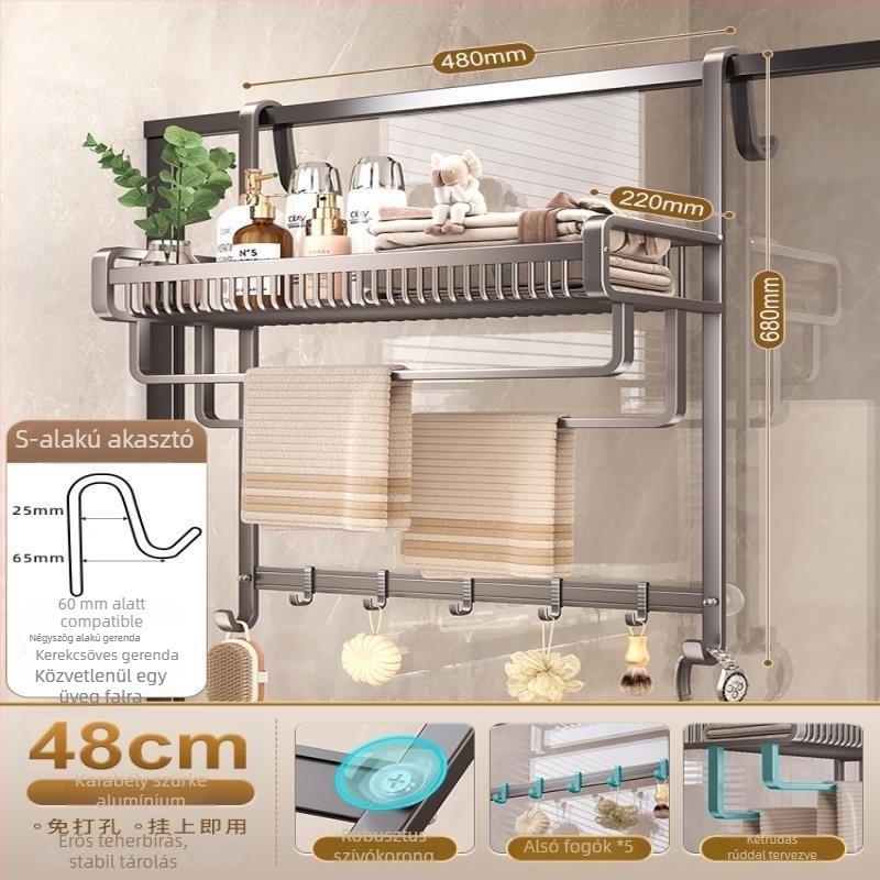 Fúrás nélküli alumínium fürdőszobai törölközőtartó polc, háromszintes, felülete spray-plasztikus, teherbírás 20 kg