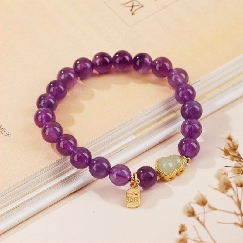 Ametiszt karkötő nőknek, etnikus stílus, kézzel készített, geometriai mintázat, Fu motívum