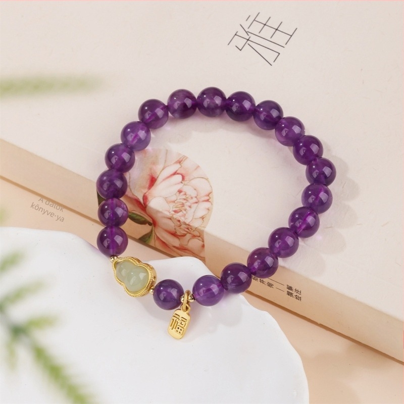 Ametiszt karkötő nőknek, etnikus stílus, kézzel készített, geometriai mintázat, Fu motívum