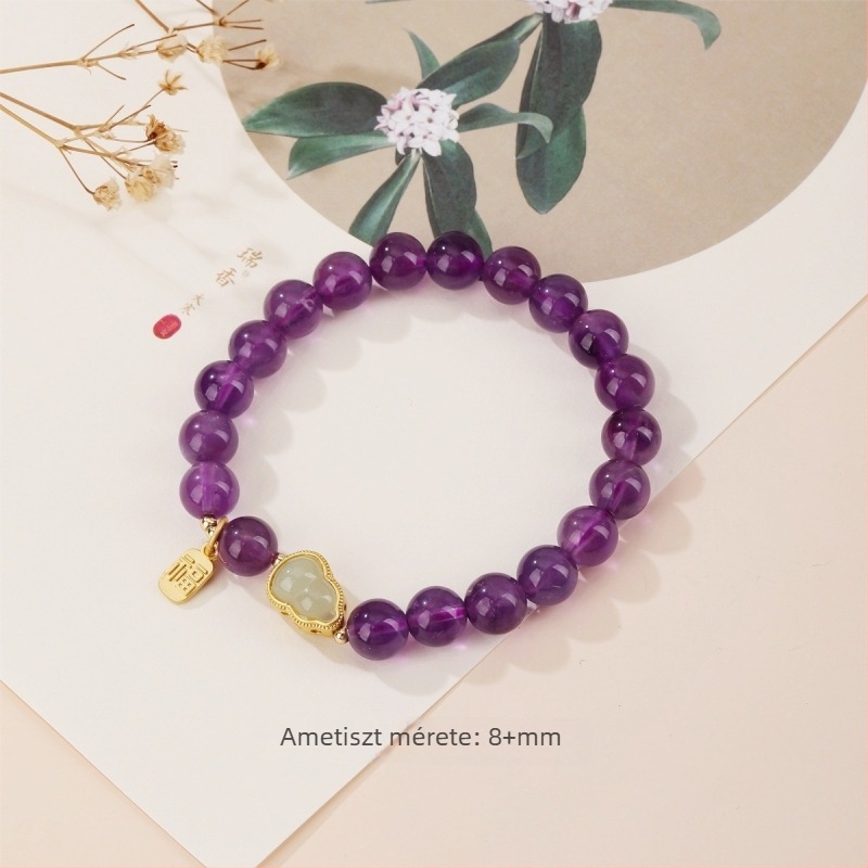 Ametiszt karkötő nőknek, etnikus stílus, kézzel készített, geometriai mintázat, Fu motívum