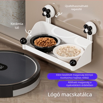 Fafa Meow szívókorongos függő macskatál, falra szerelhető UFO-dupla tál, állítható magasság, nyakvédelmi funkcióval, kerámia macskatál
