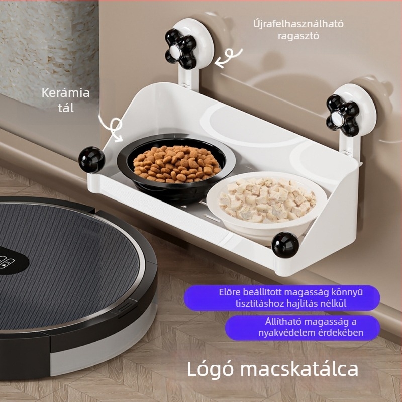 Fafa Meow szívókorongos függő macskatál, falra szerelhető UFO-dupla tál, állítható magasság, nyakvédelmi funkcióval, kerámia macskatál