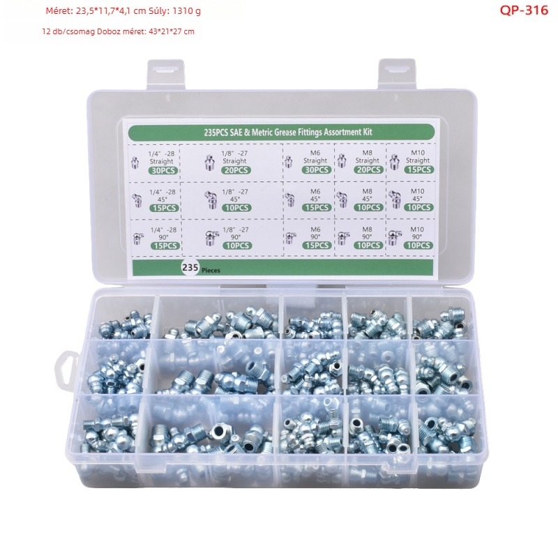 235 darabos zsírnyomófej készlet, dobozban, M6, M8 és M10, UNF 1/4-28 és 1/8-27 NPT