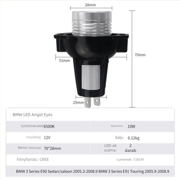 BMW E90/E91 LED Angel Eye ködlámpa – Alumínium ház, 12V, 12W, 5000 lm, modell E91 10W