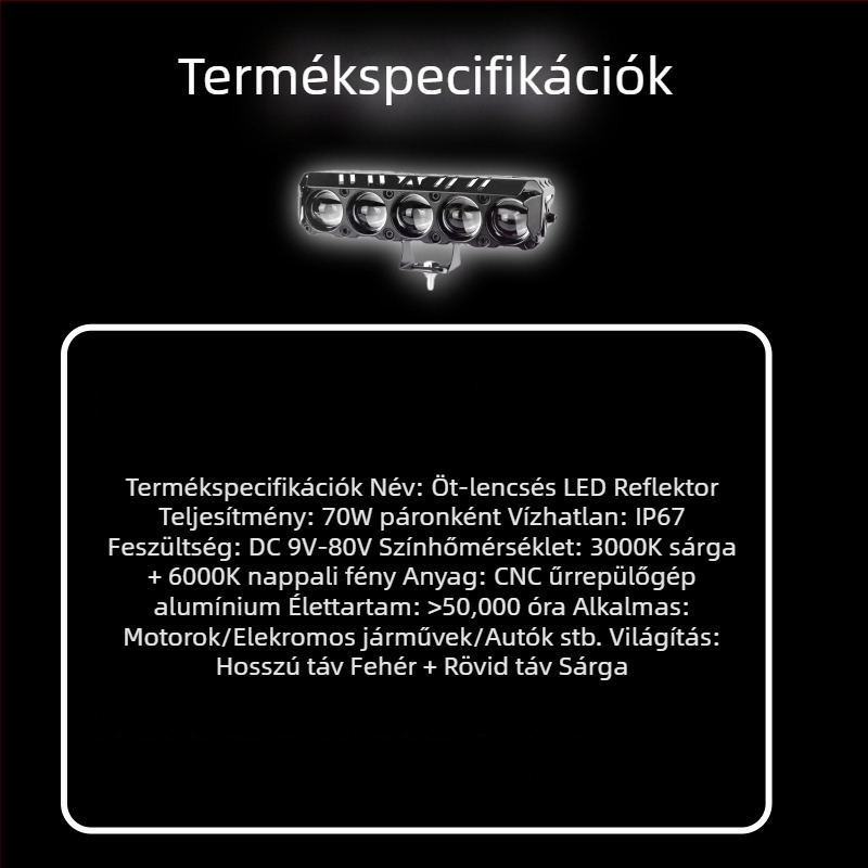 Ötlencsés külső motorkerékpár-fényszóró, IP67 vízálló LED, 35W, 9–80V, alumínium ház
