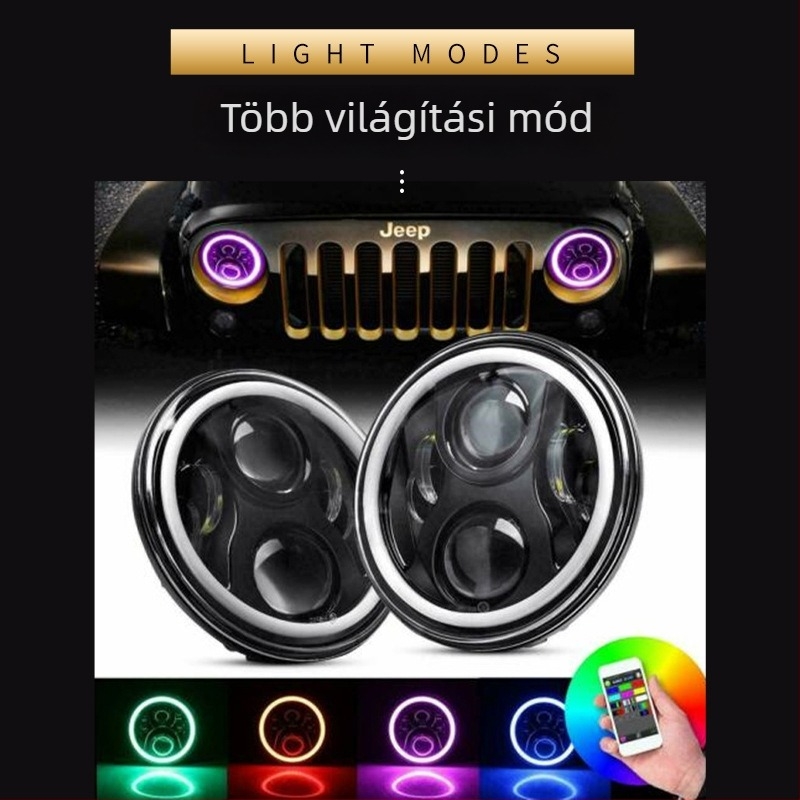 Wrangler 7 hüvelykes RGB LED fényszóró Wranglerhez fehér-sárga mutatóval, 4 LED, 7 színű Off-road világítás és ködfény