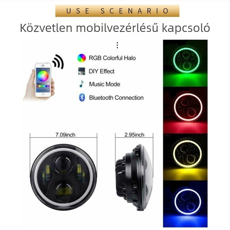 Wrangler 7 hüvelykes RGB LED fényszóró Wranglerhez fehér-sárga mutatóval, 4 LED, 7 színű Off-road világítás és ködfény