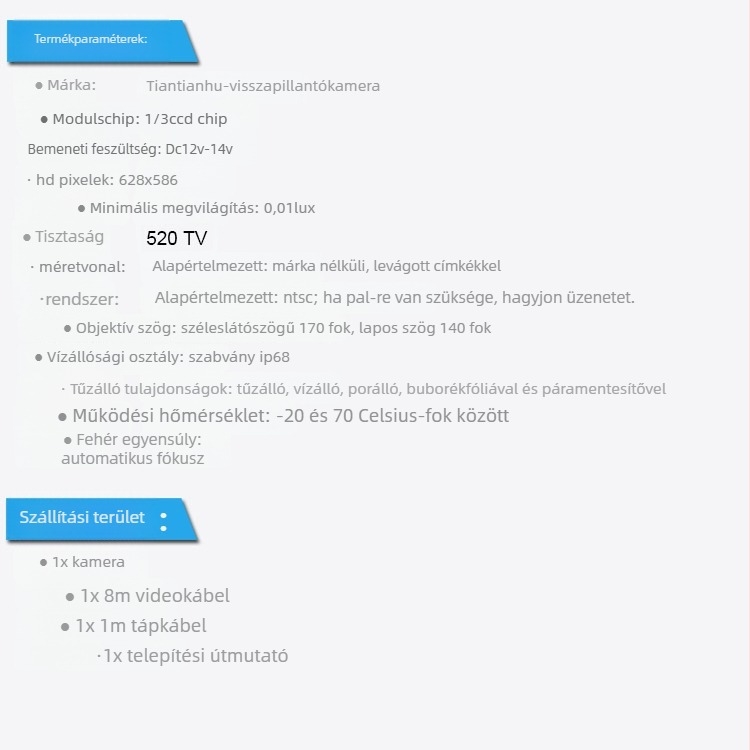Hátsó nézetű féklámpa kamera HD éjjellátással, 12V, felbontás 628x586, NTSC, modell 7885, Renault Opel-kompatibilis