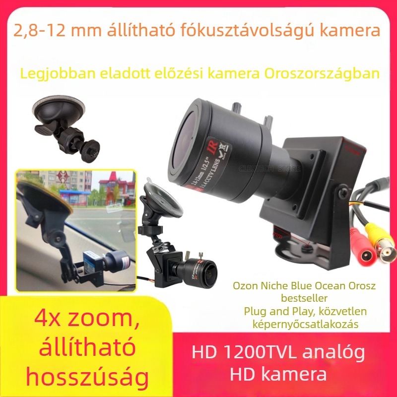 2,8–12 mm-es állítható fókuszú analóg autómegfigyelő kamera, 1200TVL, szívócsészés rögzítés